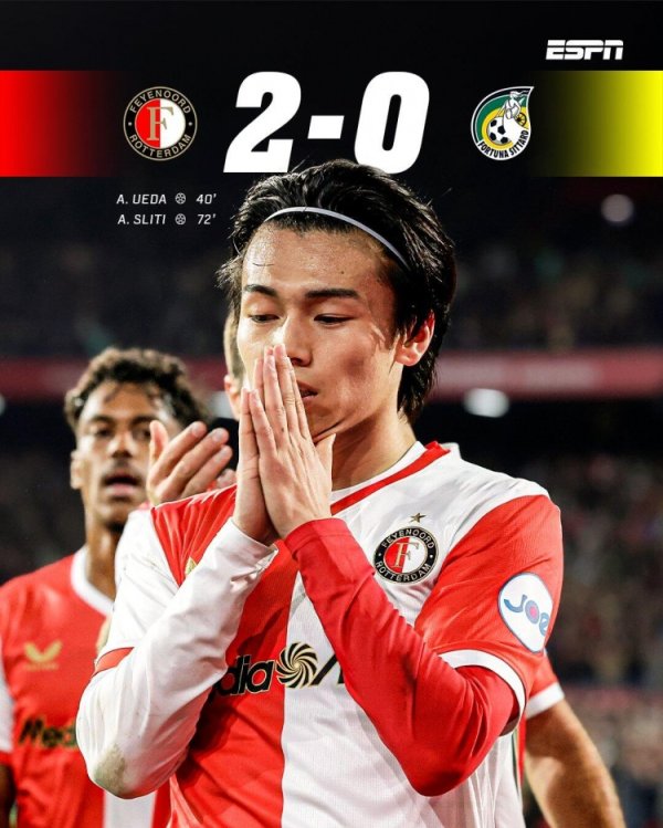 竞技状态 火热!上田绮世5场5球领跑射手榜,助费耶诺德荷甲开局5连胜