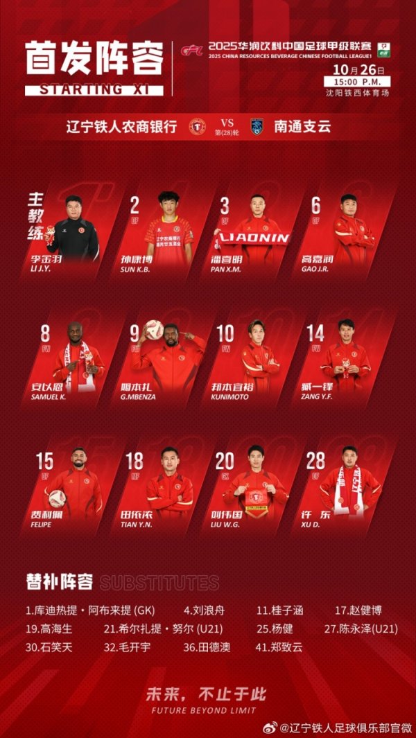 辽宁铁人vs南通支云杆位：姆本扎、邦本宜裕领衔，陈彬彬先发出战